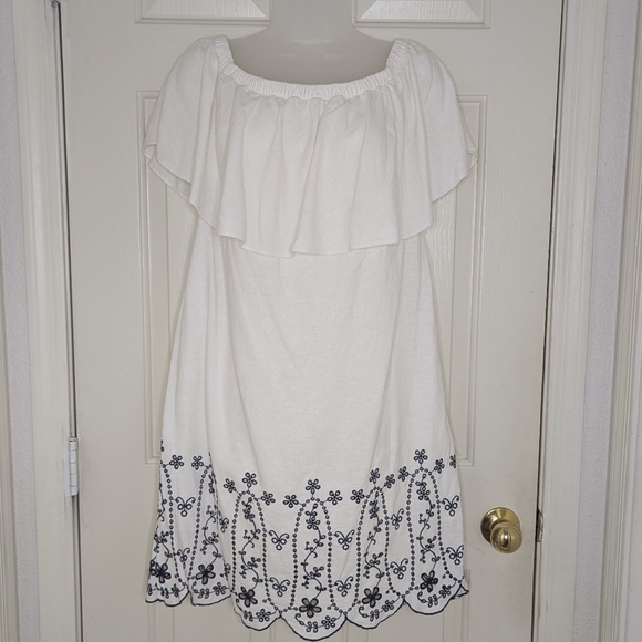 Linen Blend Embroidered Eyelet Floral Dress White M - Picture 14 of 14